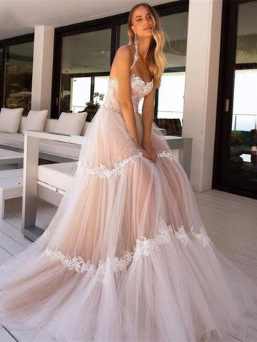 Halter Lace Appliques Wedding Dresses, A-line Wedding Dresses, Bridal Gown, 2021 Wedding Dresses
