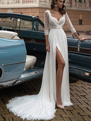 3/4 Sleeves Chiffon Lace Wedding Dresses, Long Wedding Dresses, Side Slit Wedding Dresses, 2021 Wedding Dresses