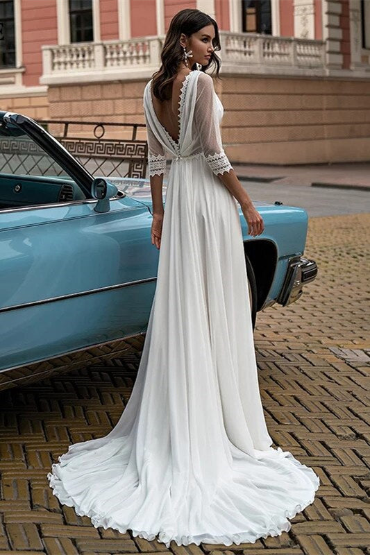 3/4 Sleeves Chiffon Lace Wedding Dresses, Long Wedding Dresses, Side S –  ClaireBridal