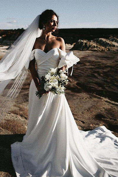 Off Shoulder Ivory Satin Wedding Dresses With Bow Knots Sleeves, Newest 2021 Wedding Dresses, A-line Wedding Dresses