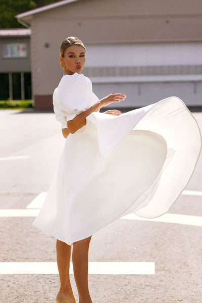 Round Neck Bubble Sleeves Ivory Satin Wedding Dresses, Elegant Wedding Dresses, Newest Wedding Dresses, Affordable Wedding Dresses