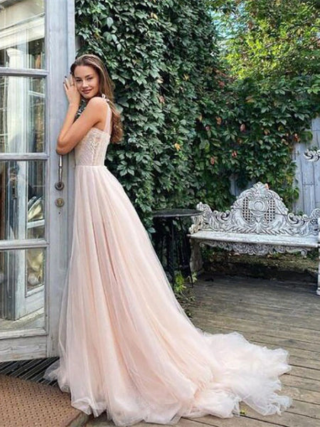 Blush Pink Tulle Long Prom Dresses, Shemmering Prom Dresses, Long Wedding Dresses, 2021 Prom Dresses
