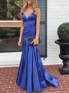 Mermaid V Neck Royal Blue Satin Long Prom Dress, Newest 2021 Evening Party Dresses