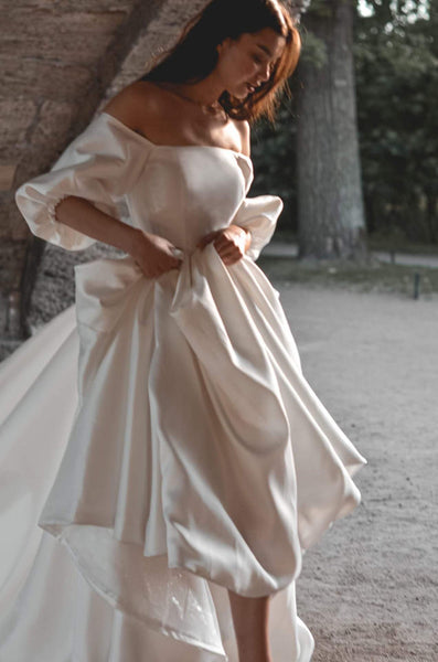Off the Shoulder Long A-line Satin Wedding Dresses, Elegant Wedding Dresses, Long Train Wedding Dresses, Bridal Gown