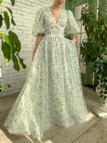 V-neck Puff Sleeves Long A-line Prom Dresses, Lovely Princess Prom Dresses, 2022 Prom Dresses, Newest Prom Dresses