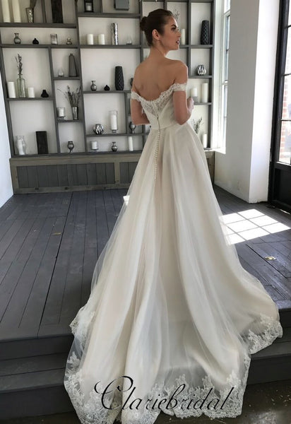 Off Shoulder Lace Tulle A-line Wedding Dresses, Lovely Train Wedding Dresses