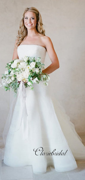 Simple Strapless Wedding Dresses, White A-line Wedding Dresses, Organza Bridal Gowns