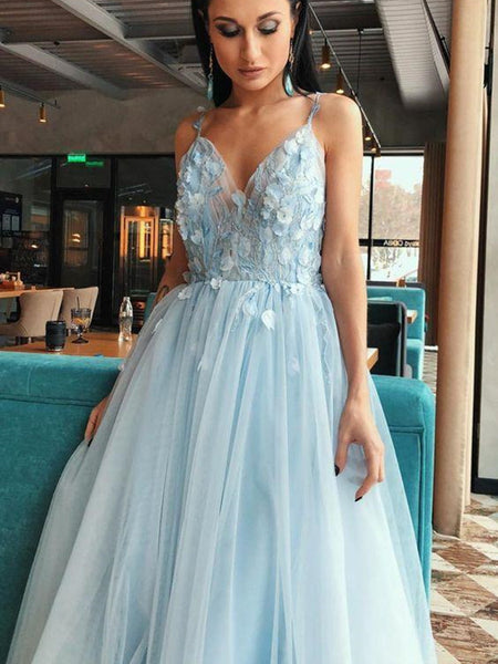 Light Blue Spaghetti Straps Long Prom Dresses, Appliques Elegant 2021 Prom Dresses