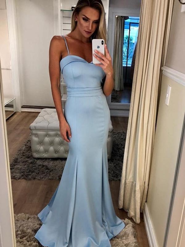Spaghetti Long Mermaid Blue Elastic Satin Prom Dresses