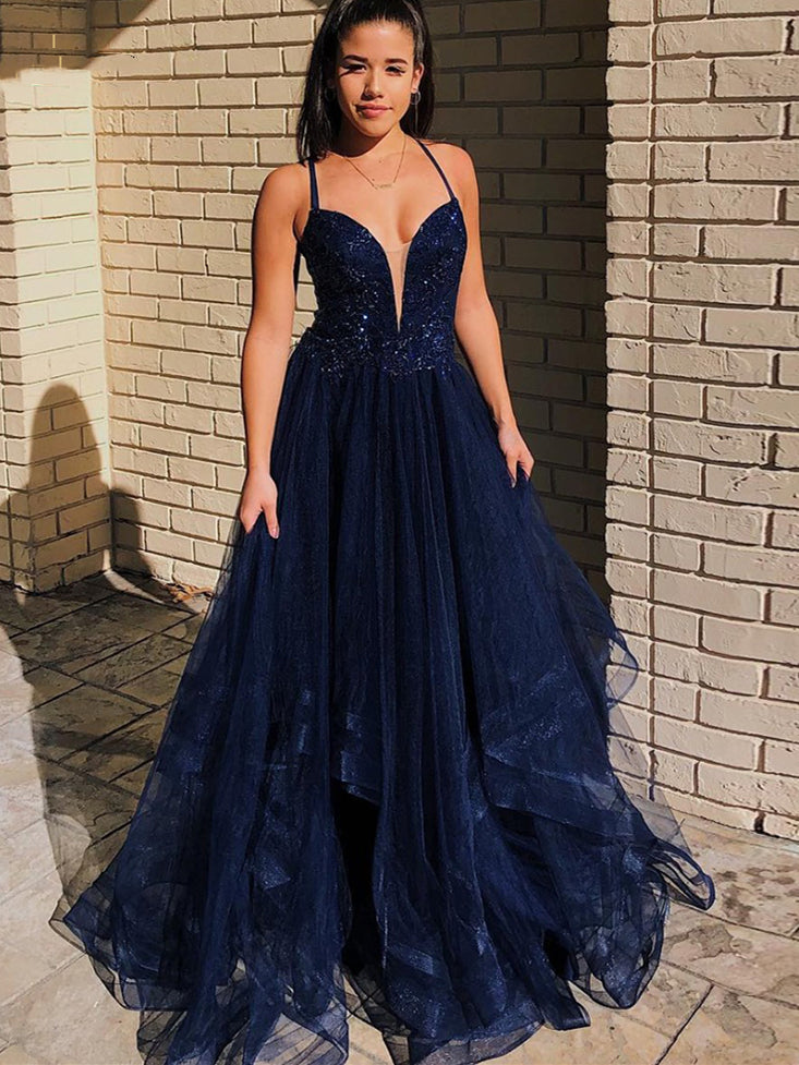 Long A-line Navy Lace Tulle Prom Dresses, Long Prom Dresses, Lace Appliques Prom Dresses