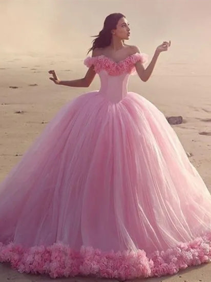 Off Shoulder Long Pink Ball Gown Wedding Dresses, Bridal Gown, Long Wedding Dresses