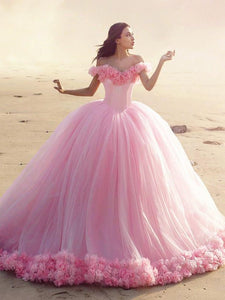 Off Shoulder Pink Tulle Flowers Wedding Dresses, Luxury Wedding Dresses, 2021 Wedding Dresses, Bridal Gown