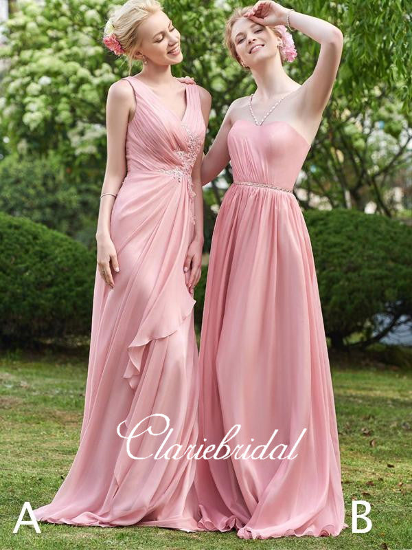 Mismatched Pink Chiffon Lace Beaded Long Bridesmaid Dresses