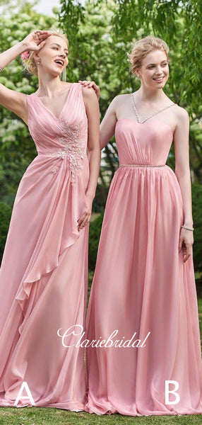 Mismatched Pink Chiffon Lace Beaded Long Bridesmaid Dresses