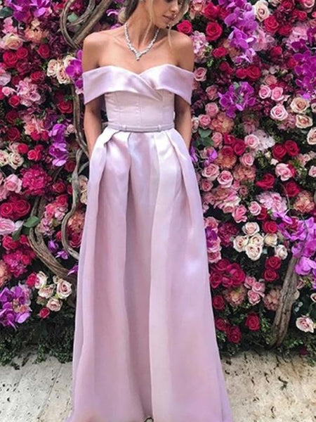 Off Shoulder Pink Satin Prom Dresses, Long Prom Dresses, Cheap Prom Dresses