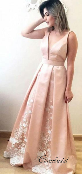 Satin Long Graduation Evening Party Prom Dresses, Lace Prom Dresses