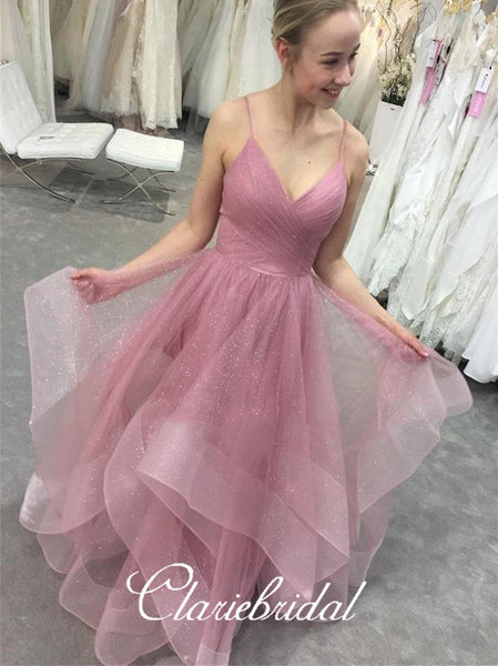 Spaghetti Long A-line Layers Sequin Tulle Prom Dresses, Sparkle Long Prom Dresses, 2020 Prom Dresses