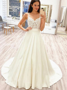 Straps Long A-line Ivory Satin Lace Wedding Dresses, Elegant Long Wedding Dresses, Long Wedding Dresses