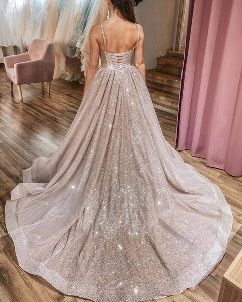Spaghetti Long A-line Sequin Prom Dresses, Shiny Prom Dresses, Cheap Prom Dresses, 2021 Prom Dresses