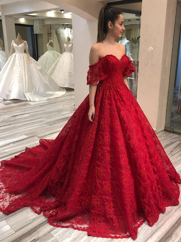 Off Shoulder Long A-line Red Lace Prom Dresses, Formal Dresses, Long P – ClaireBridal