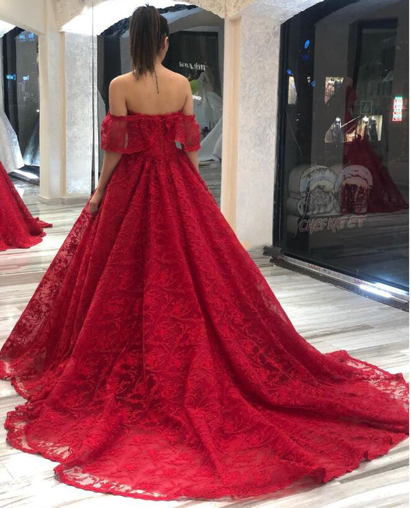 Off Shoulder Long A-line Red Lace Prom Dresses, Formal Dresses, Long P   ClaireBridal