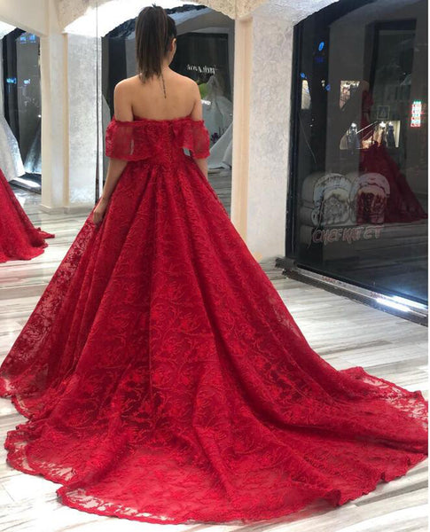 Off Shoulder Long A-line Red Lace Prom Dresses, Formal Dresses, Long Prom Dresses, 2020 Prom Dresses