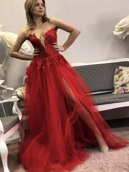 Red Color Floral Lace Prom Dresses, Newest Strapless Evening Dresses, Girls Party Prom Dresses