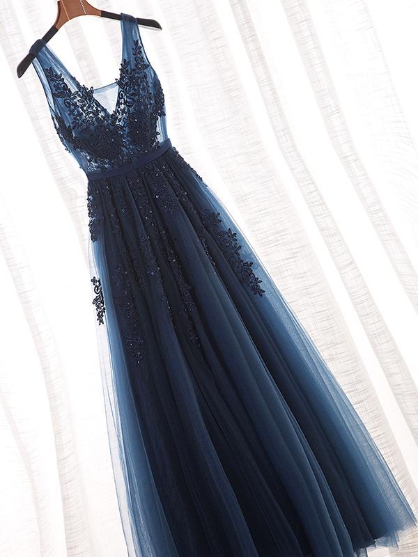 Navy Lace Beaded Prom Dresses, A-line Appliques Prom Dresses, Popular Prom Dresses