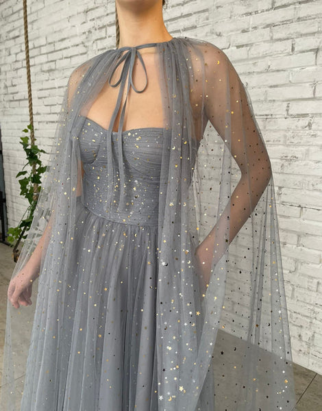 Grey Little Star A-line Prom Dresses With Cloak, Popular Prom Dresses, ClaireBridal Grey Little Star A-line Prom Dresses With Cloak, Popular Prom Dresses, ClaireBridal