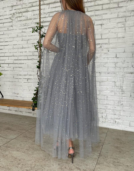 Grey Little Star A-line Prom Dresses With Cloak, Popular Prom Dresses, Cheap Prom Dresses, 2022 Prom Dresses