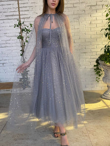 Grey Little Star A-line Prom Dresses With Cloak, Popular Prom Dresses, Cheap Prom Dresses, 2022 Prom Dresses