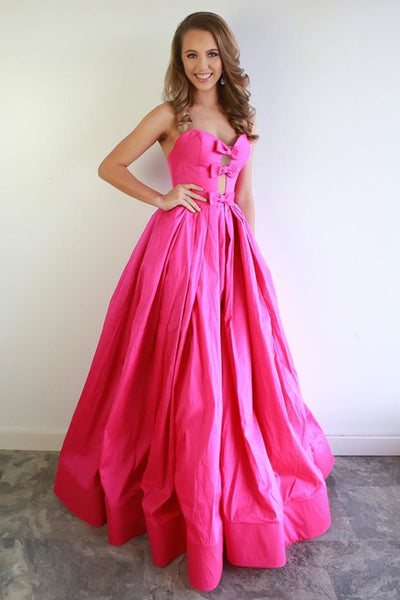 Strapless Hot Pink Long Prom Dresses 2021, Popular A Line Prom Dresses, Satin Evening Party Dresses