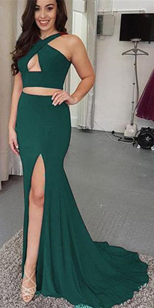 2 Pieces Jersey Prom Dresses, Mermaid Prom Dresses, Side Silt Prom Dresses, Simple Prom Dresses