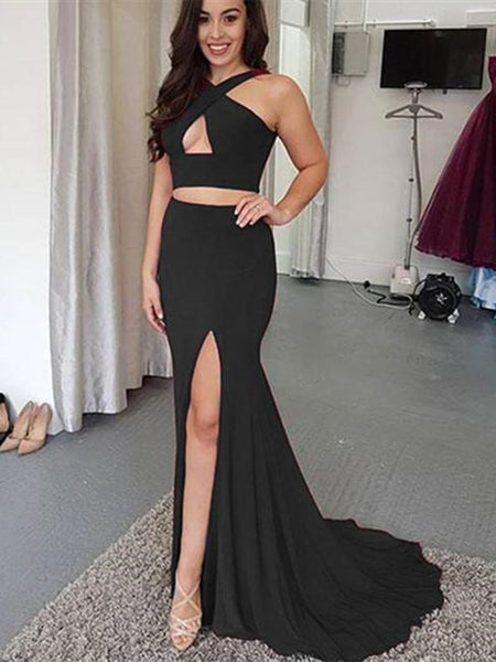 2 Pieces Jersey Prom Dresses, Mermaid Prom Dresses, Side Silt Prom Dresses, Simple Prom Dresses
