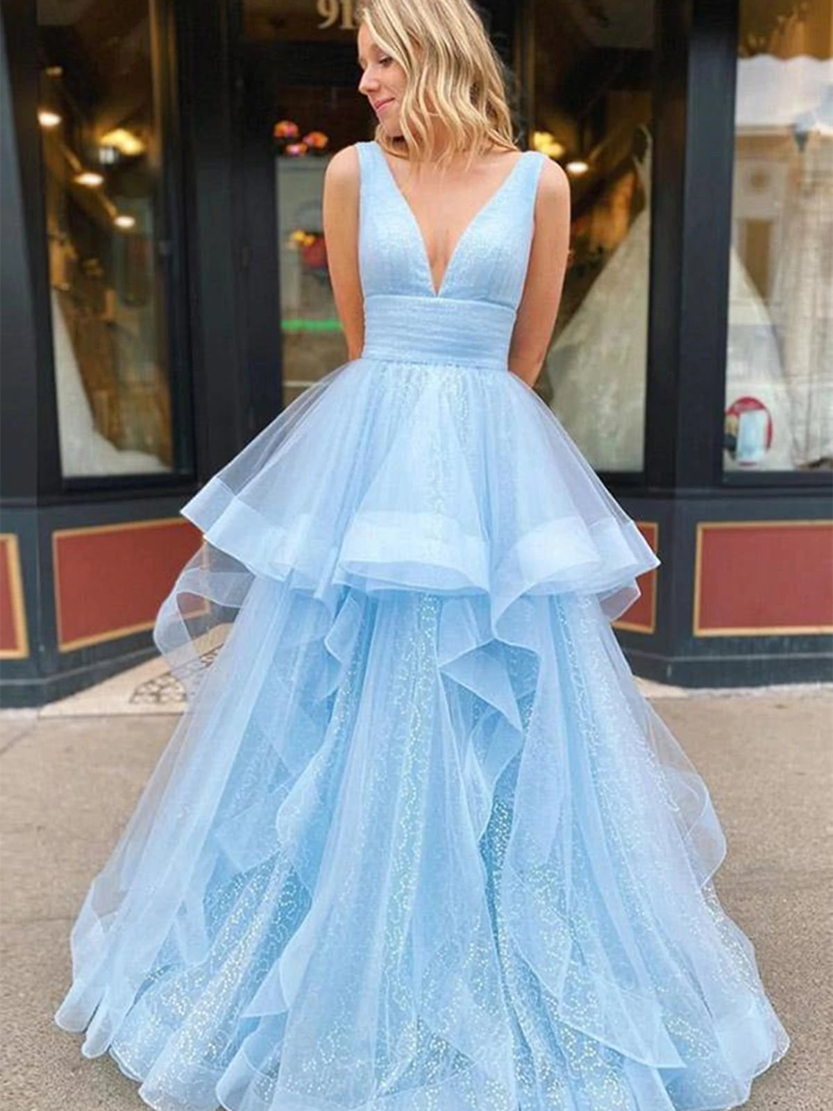 V-neck Baby Blue Shiny Prom Dresses, A-line Prom Dresses, Popular 2022 Prom Dresses, Newest Affordable Prom Dresses