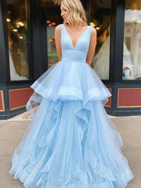 V-neck Baby Blue Shiny Prom Dresses, A-line Prom Dresses, Popular 2022 Prom Dresses, Newest Affordable Prom Dresses