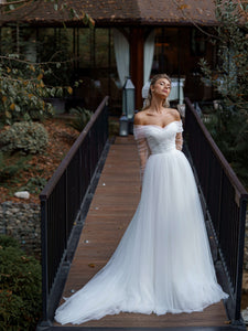 Off Shoulder Simple Tulle Wedding Dresses, Bridal Gown, Popular 2022 Wedding Dresses, 2 Pieces Wedding Dresses