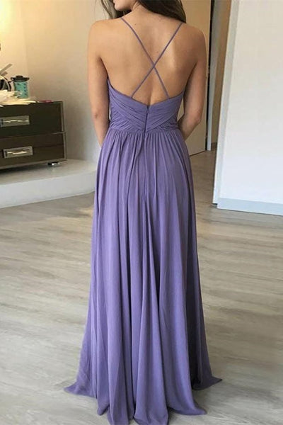 Spaghetti Long A-line Purple Chiffon Bridesmaid Dresses, Long Bridesmaid Dresses