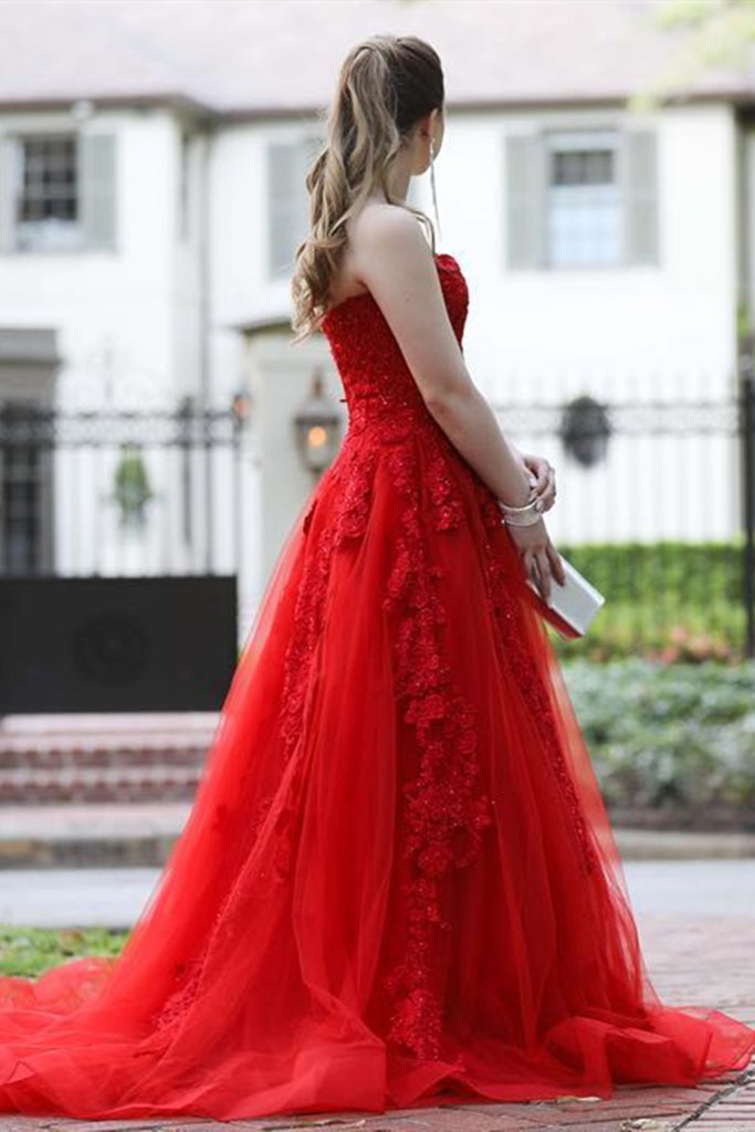 Red Color Lace Newest Prom Dresses, Floral Elegant Tulle Prom Dresses, –  ClaireBridal