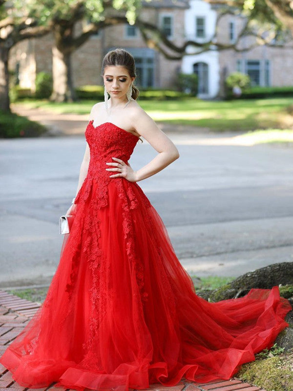 Red Color Lace Newest Prom Dresses, Floral Elegant Tulle Prom Dresses, Popular Long Prom Dresses
