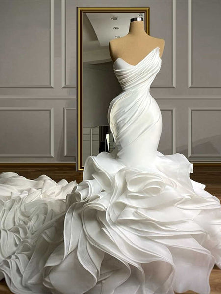 Luxury Ruffled Long Mermaid Wedding Dresses, Long Bridal Gown, 2020 Wedding Dresses