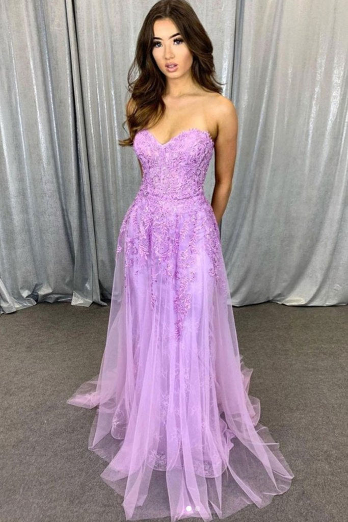 Sweetheart Neck Strapless Purple Lace Long Prom Dresses, 2021 Newest Prom  Dresses