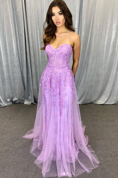 Sweetheart Neck Strapless Purple Lace Long Prom Dresses, 2021 Newest Prom Dresses