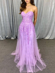 Sweetheart Neck Strapless Purple Lace Long Prom Dresses, 2021 Newest Prom Dresses
