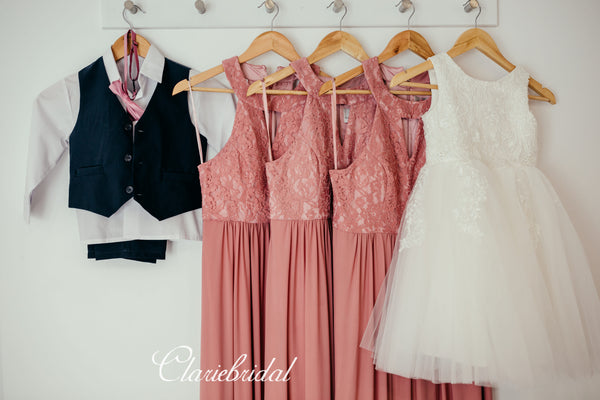 Pink Lace Top Chiffon Bridesmaid Dresses, Affordable Bridesmaid Dresses