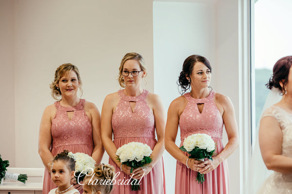 Pink Lace Top Chiffon Bridesmaid Dresses, Affordable Bridesmaid Dresses