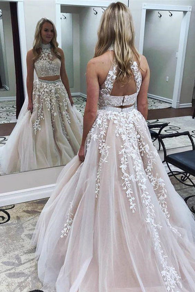High Neck Beaded Prom Dresses, Two Pieces Lace Tulle Prom Dresses
