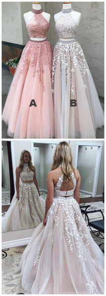 High Neck Beaded Prom Dresses, Two Pieces Lace Tulle Prom Dresses