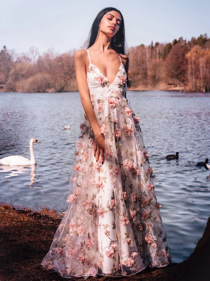 Spaghett Long A-line Floral Prom Dresses, Popular Prom Dresses, 2021 Prom Dresses