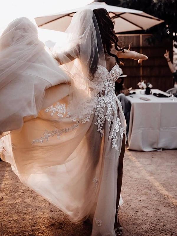 open lace back dress Sweetheart Long A-line Lace Tulle Prom Dresses, Side Slit Romantic Wed –  ClaireBridal